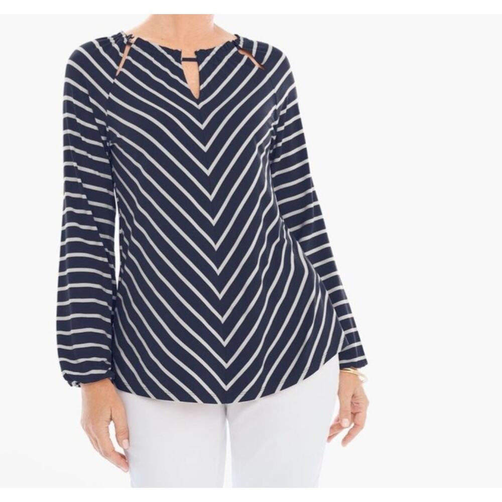 Striped Nautical Keyhole Blue White Top Blouse Size XL Sailor Boat Yacht Casual